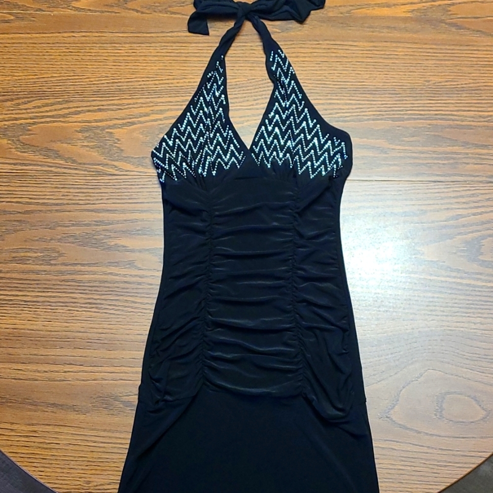 Black Halter Dress With Rhinestones